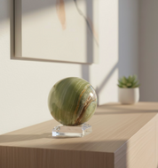 Green marbled sphere on a clear stand with a neutral background