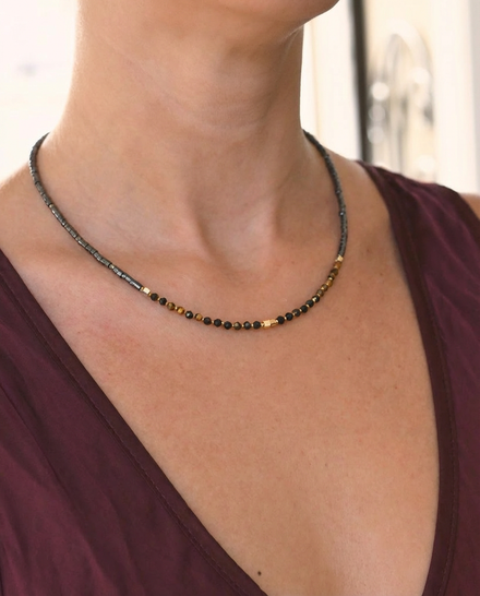Triple Protection Necklace - Hematite, Tiger Eye + Obsidian — Hematite crystal specimen
