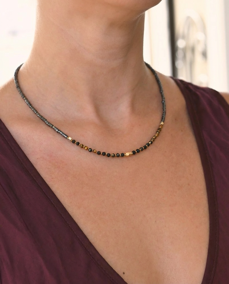Triple Protection Necklace - Hematite, Tiger Eye + Obsidian
