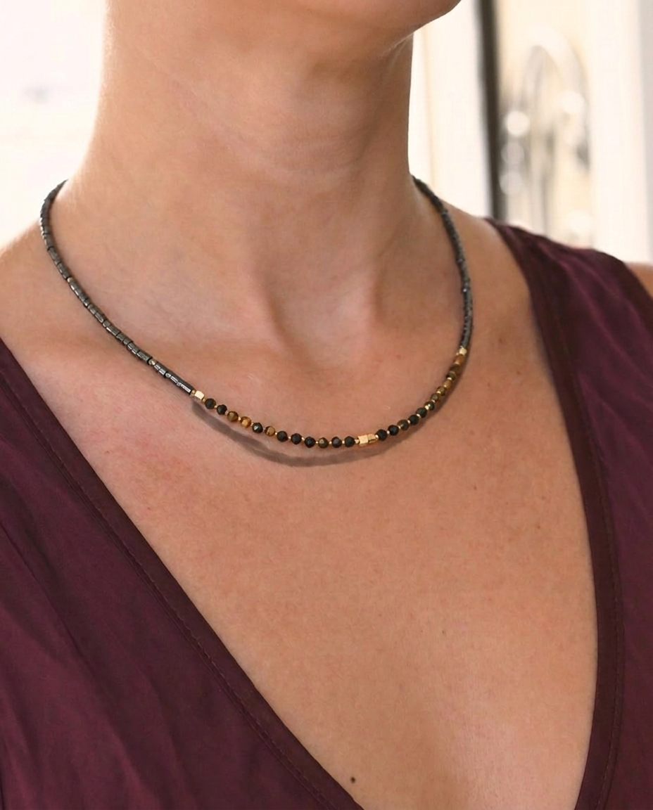 Empath Protection Necklace - Citrine, Howlite and Hematite on model