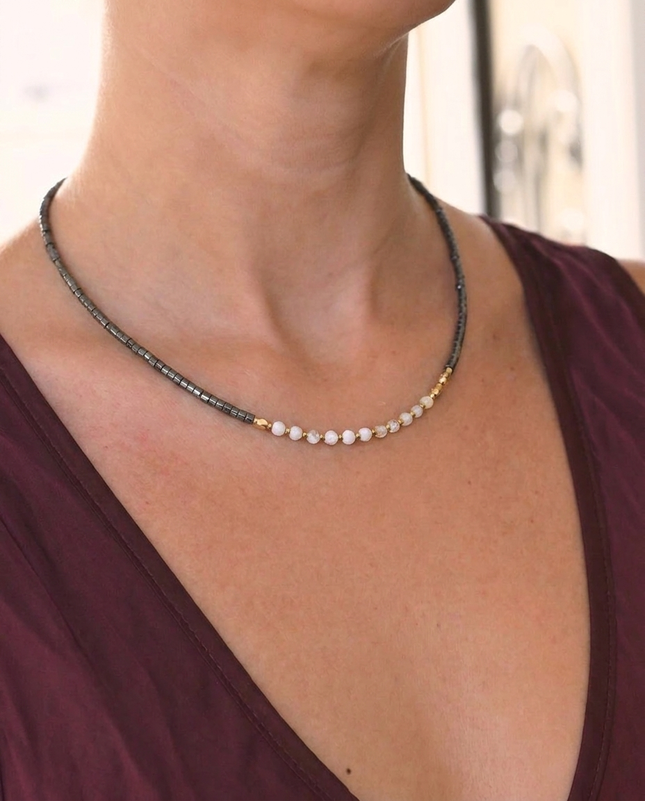 Clarity Necklace - Hematite, Howlite and Clear Quartz on model