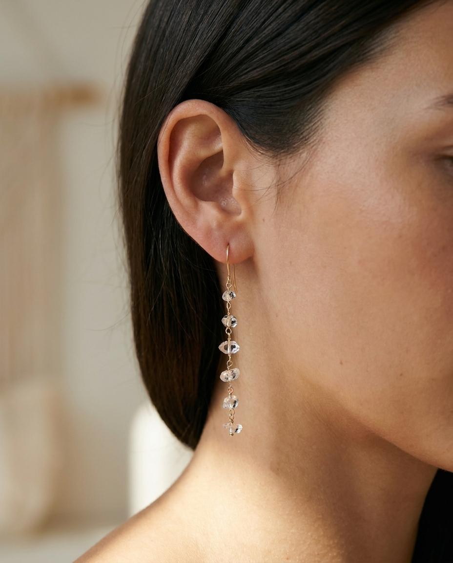 Long Herkimer Diamond Drop Earrings Gold-Fill - Image 2 - Crystals.com