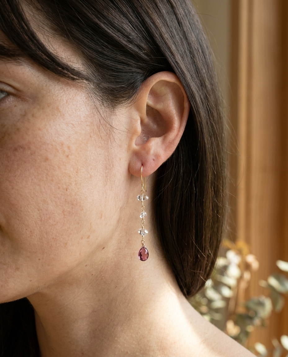 Herkimer Diamond Pink Topaz Drop Earrings Gold Vermeil - Image 2 - Crystals.com