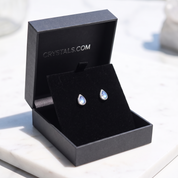 Rainbow Moonstone Teardrop Stud Earrings in Crystals.com jewelry box - Sterling Silver