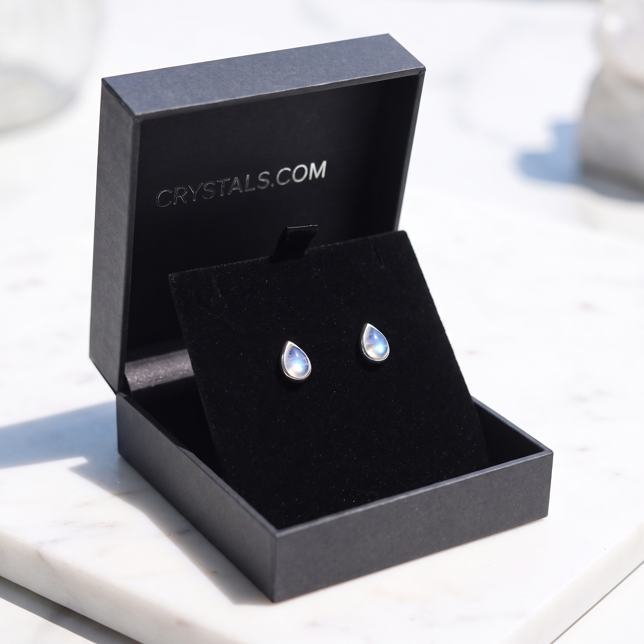 Rainbow Moonstone Teardrop Stud Earrings in Crystals.com jewelry box - Sterling Silver