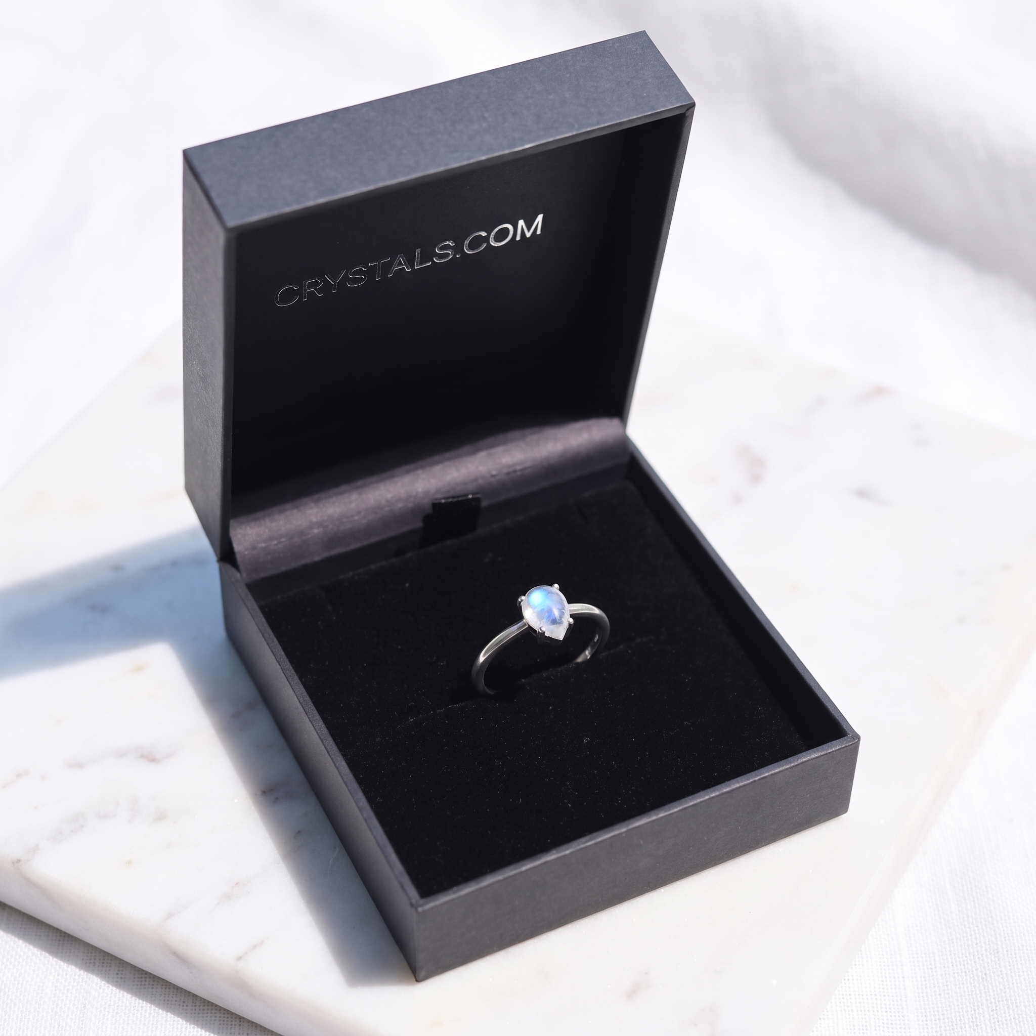 Rainbow Moonstone Teardrop Ring in Crystals.com jewelry box - Sterling Silver