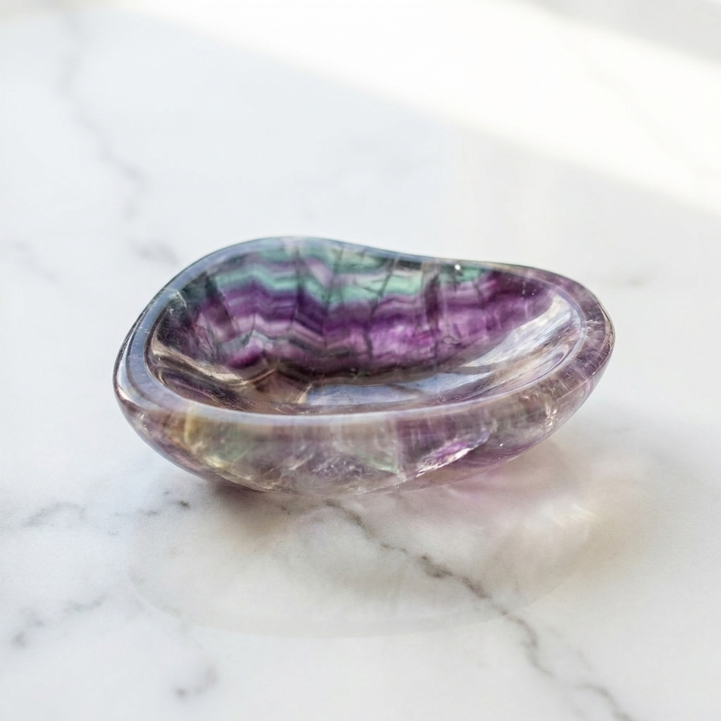 Rainbow Fluorite Bowl - polished crystal dish with purple, green, and clear banding