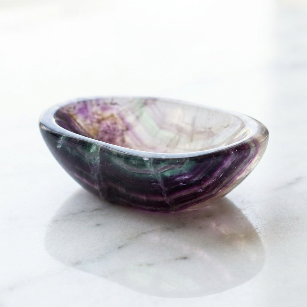 Rainbow Fluorite Bowl - detail of purple and green fluorite banding