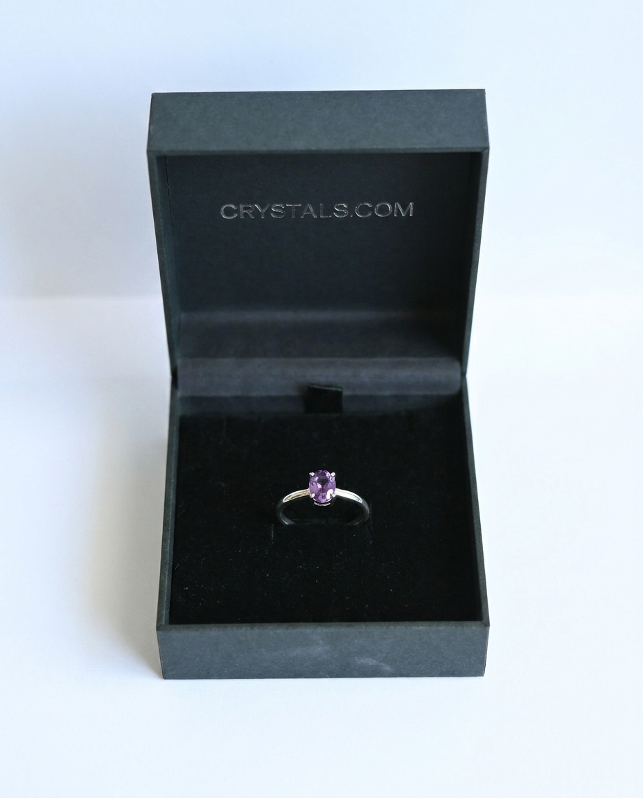 Amethyst Ring in Crystals.com box angle 2