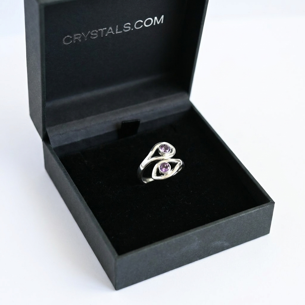 Evil Eye Amethyst Ring in Crystals.com box angled view