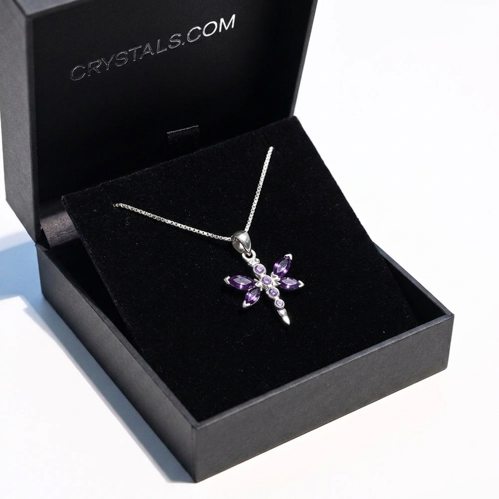 Amethyst Dragonfly Pendant with chain in Crystals.com box
