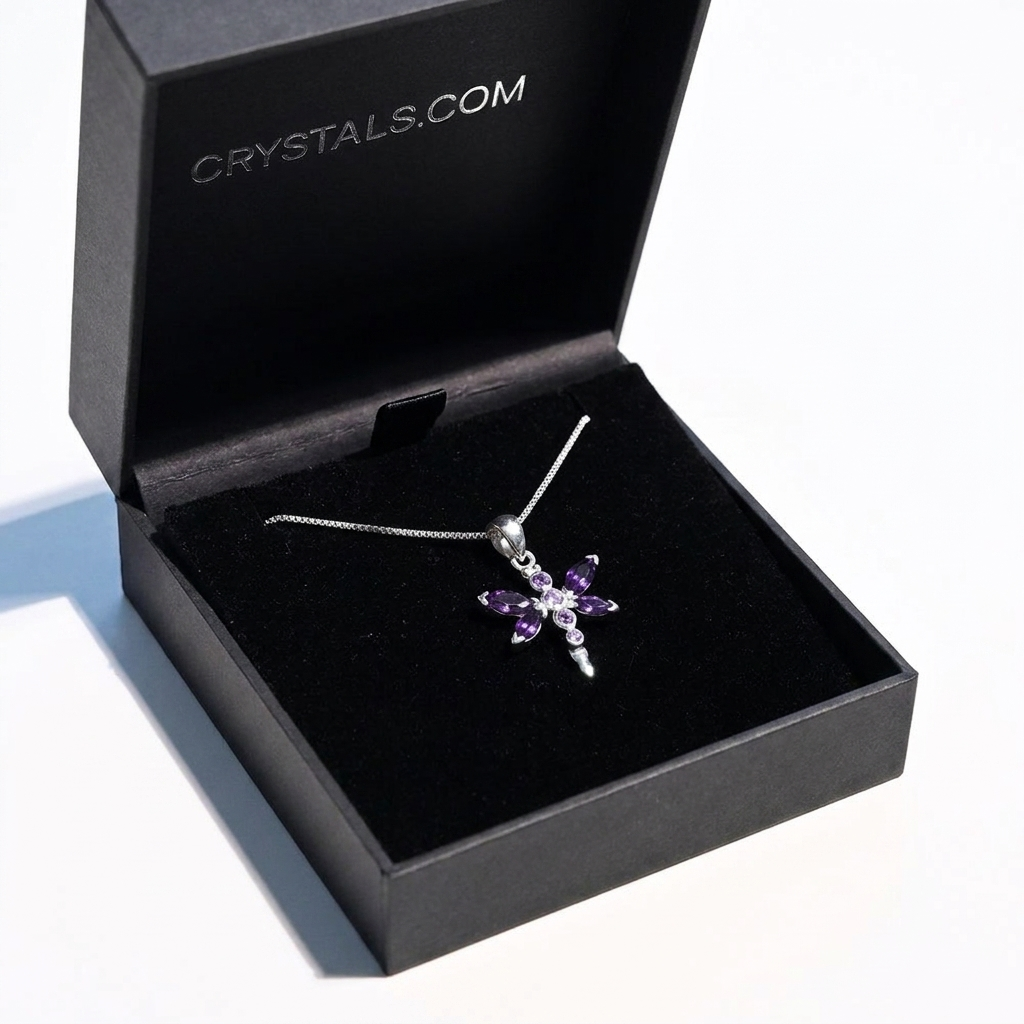 Amethyst Dragonfly Pendant Necklace with chain in Crystals.com box