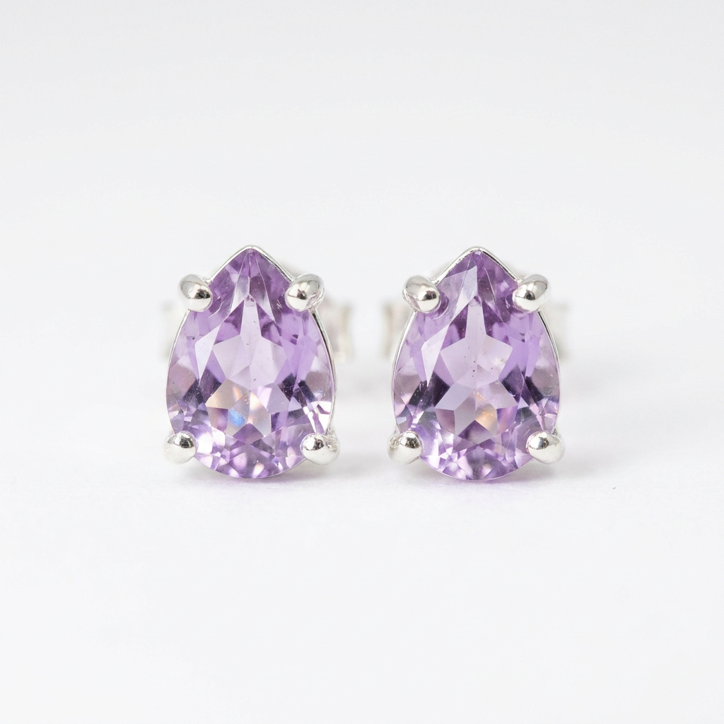 Sterling Silver Tear Drop Genuine Amethyst Stud Earrings close-up macro shot