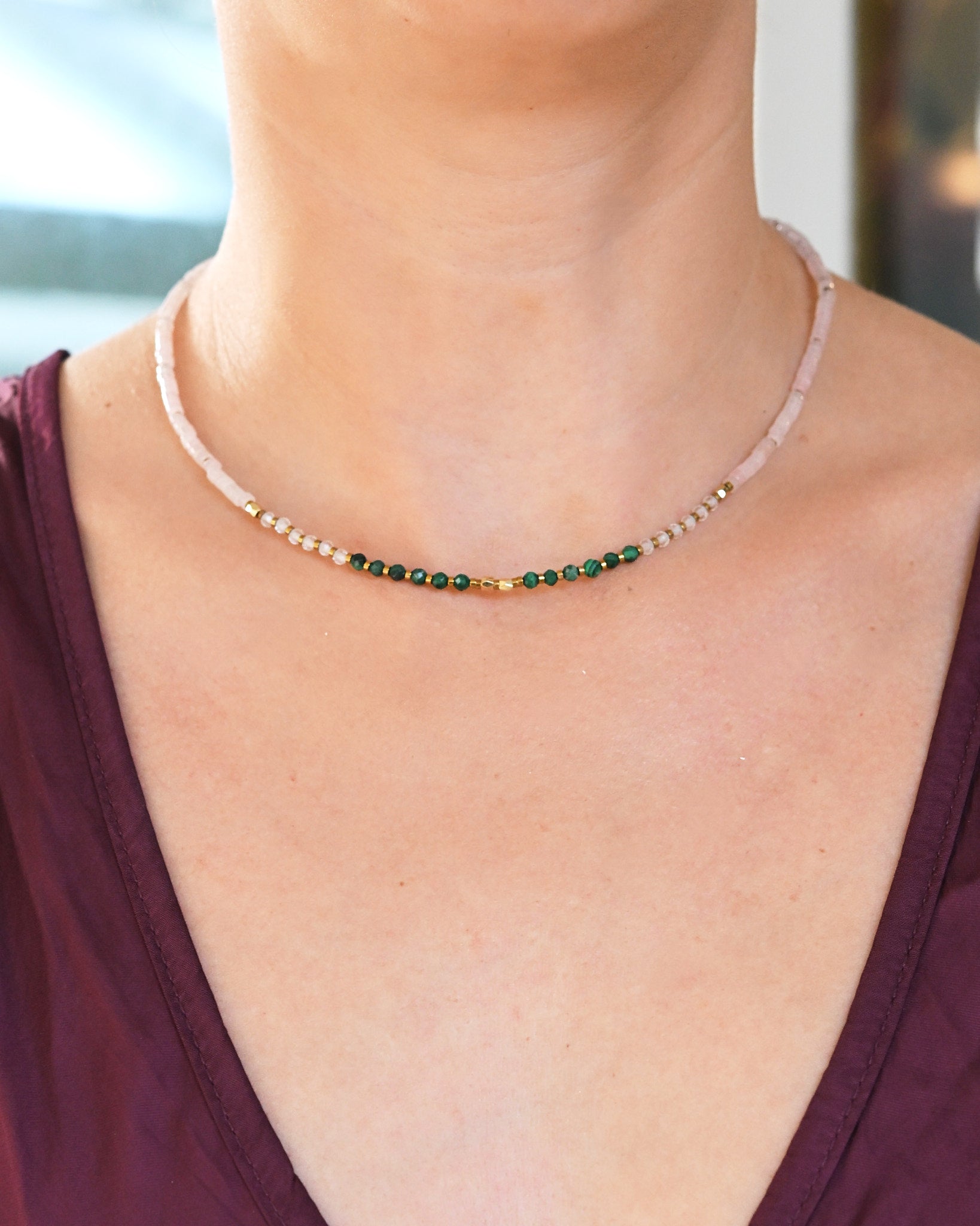 Malachite, Clear Quartz &amp; Rose Quartz Necklace