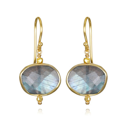 Labradorite Bezeled Drop Earrings — Labradorite crystal specimen
