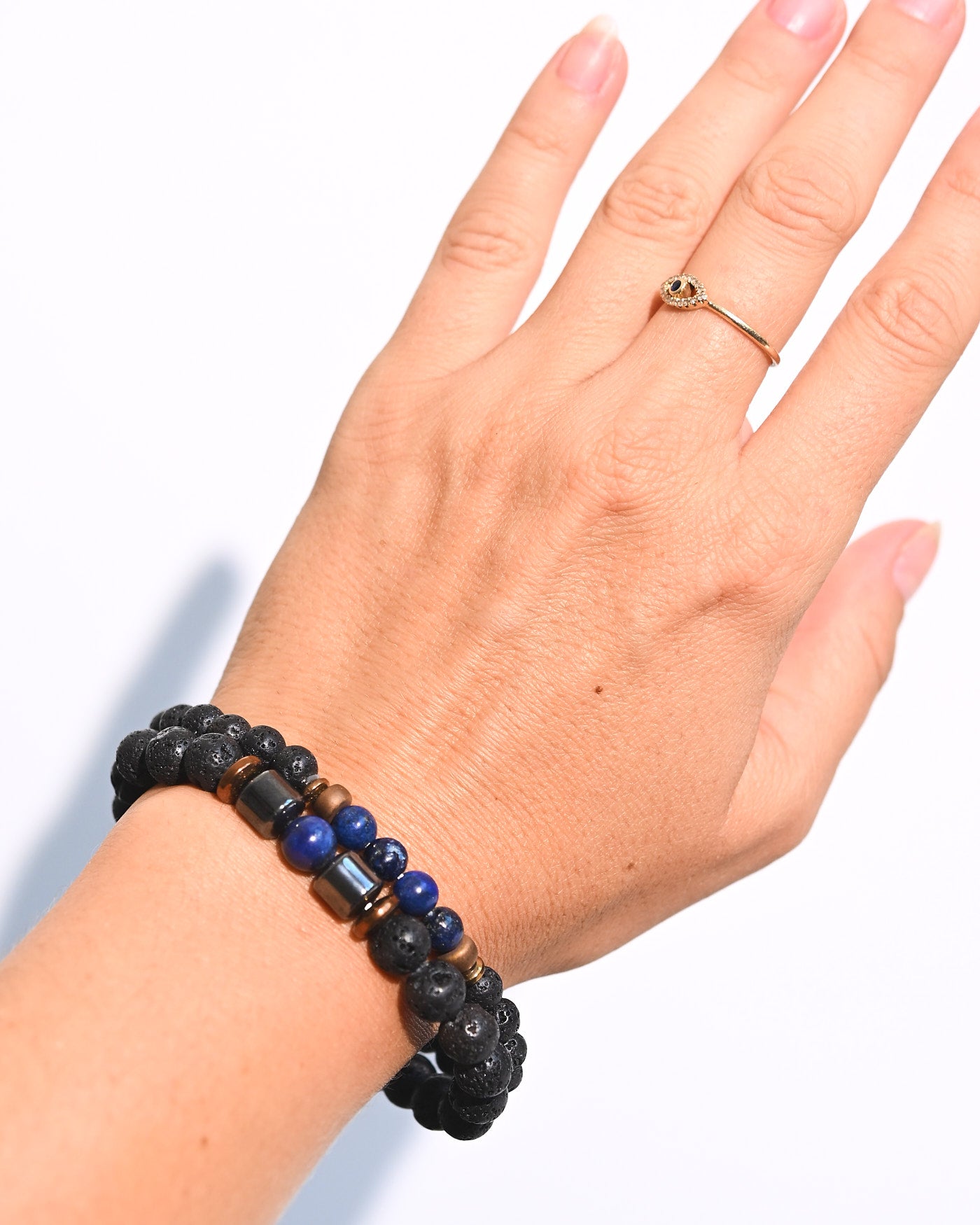 Lava Stone and Lapis Lazuli Bracelet Set close up