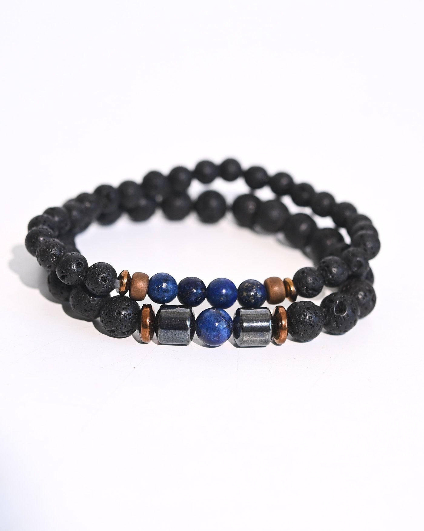 Lava Stone and Lapis Lazuli Bracelet Set on wrist