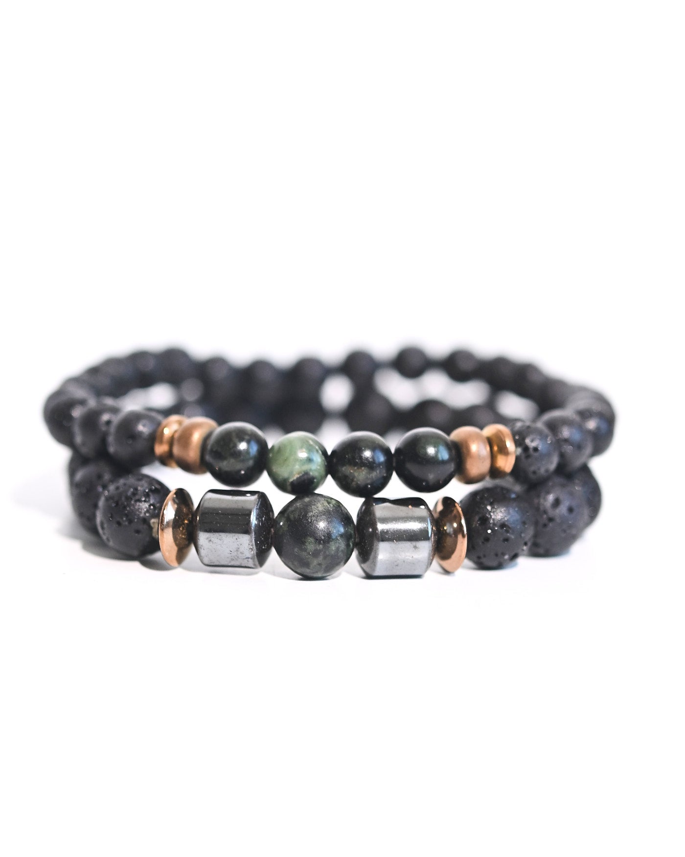 Lava Stone and Kambaba Jasper Bracelet on display