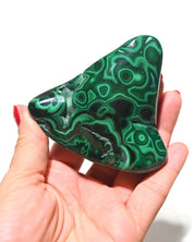 Malachite freeform in hand showing mirror polish