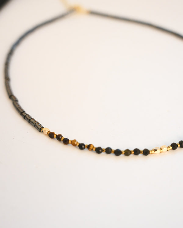 Triple Protection Necklace - Hematite, Tiger Eye + Obsidian - obsidian crystal necklace close up detail