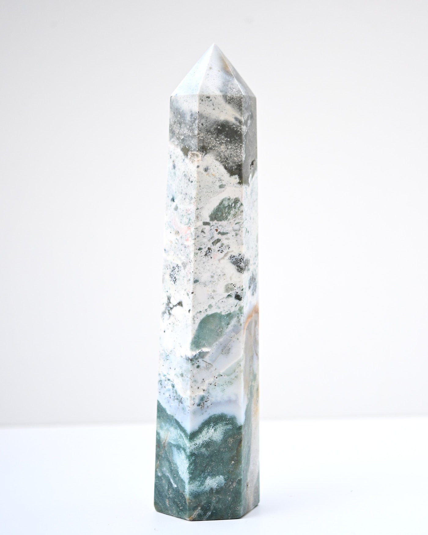 Ocean Jasper Tower side view with green and cream orbs