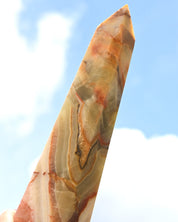 Statement Green Onyx Obelisk Tower - close-up detail of banding against sky