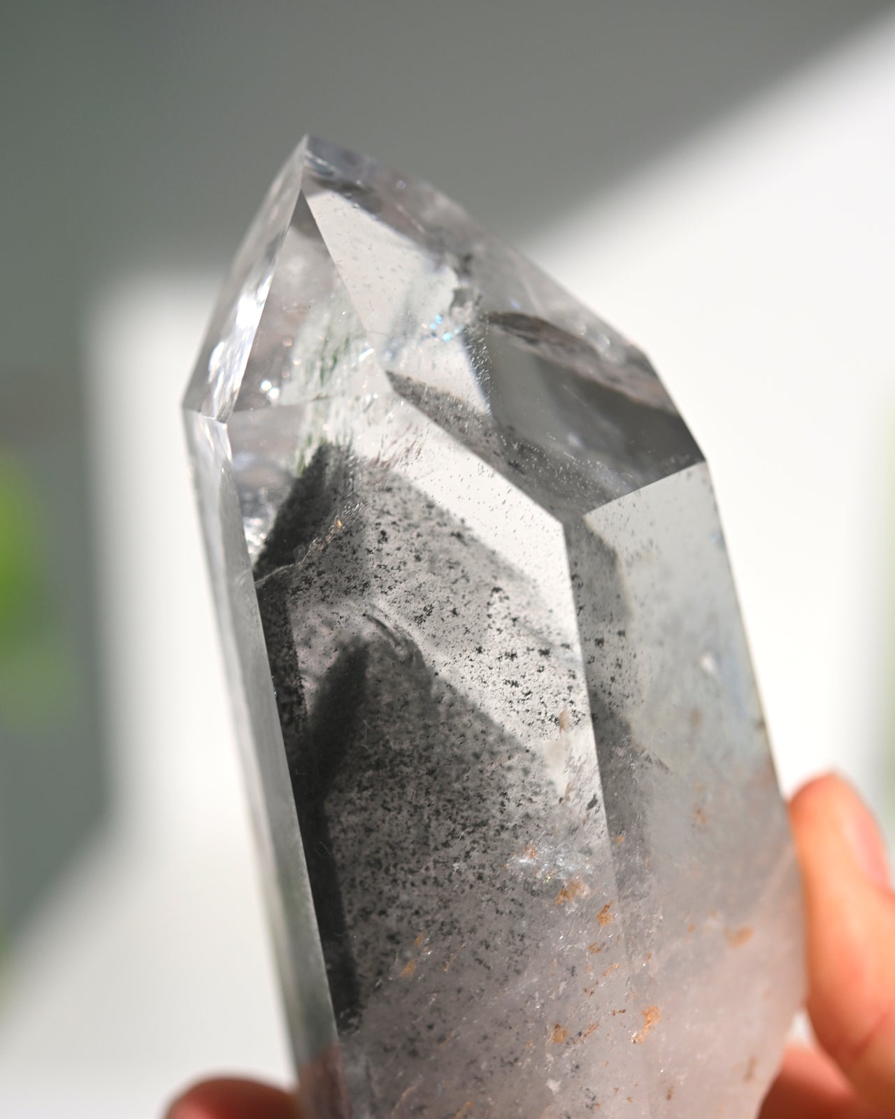 Lemurian Seed Crystal with Gray Phantom on Stand