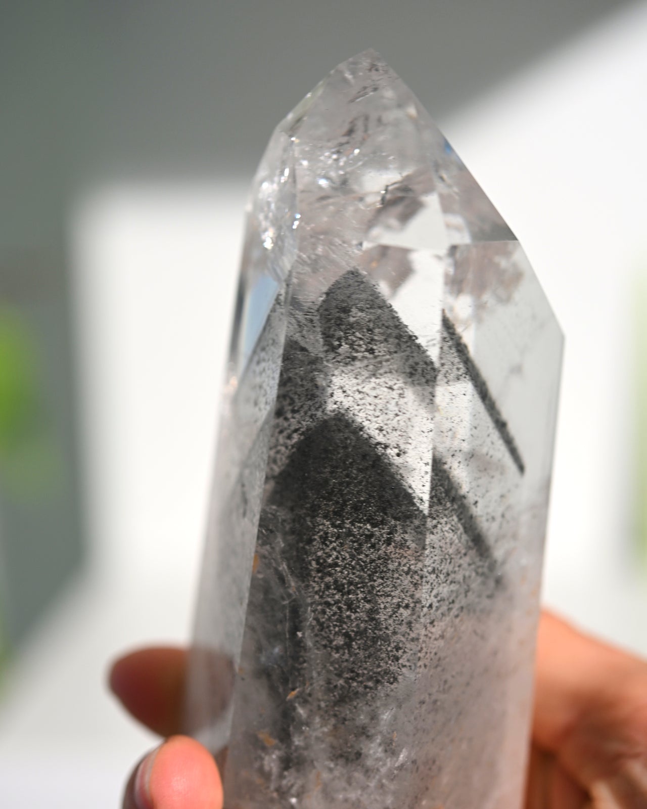 Lemurian Seed Crystal with Gray Phantom on Stand