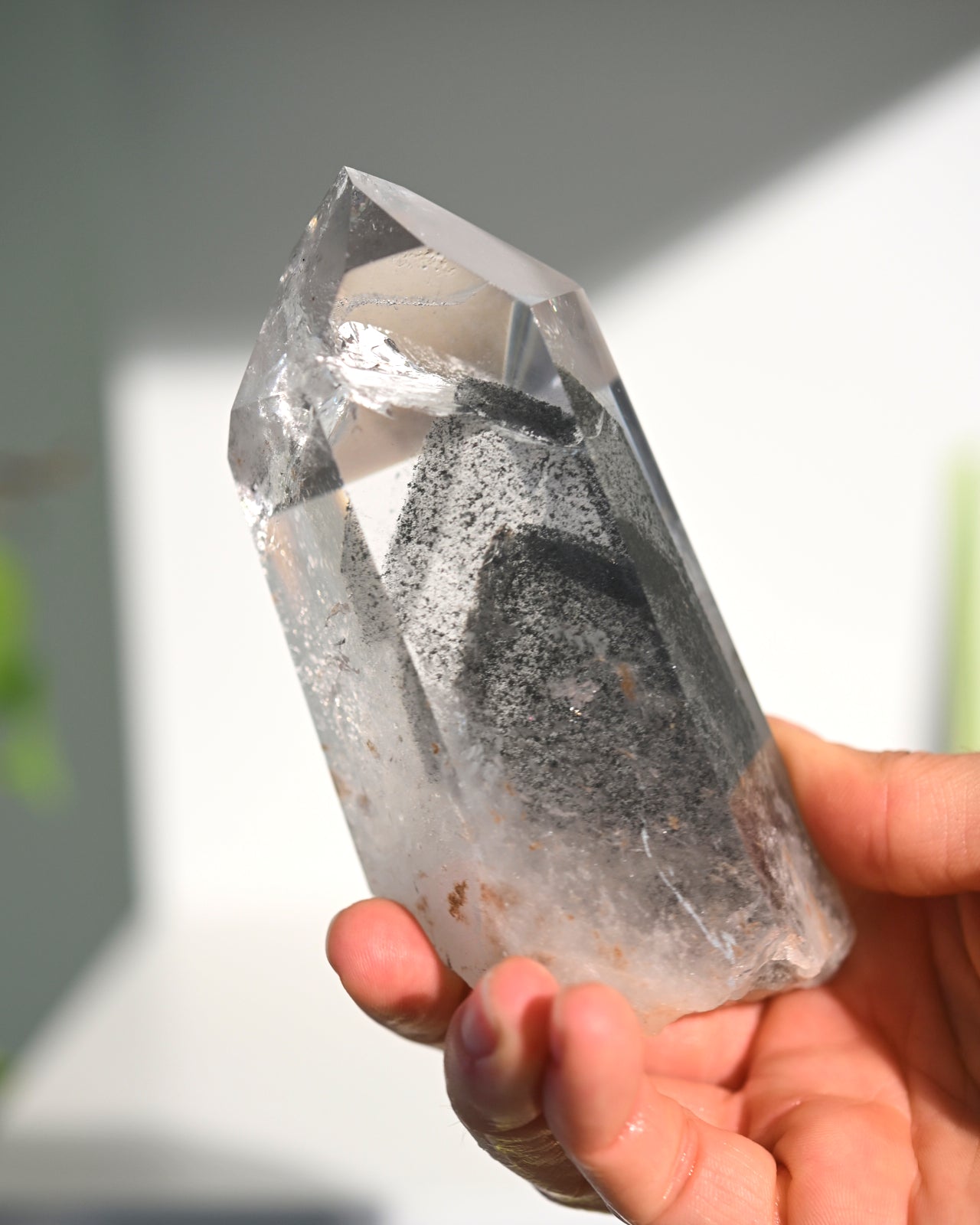 Lemurian Seed Crystal with Gray Phantom on Stand