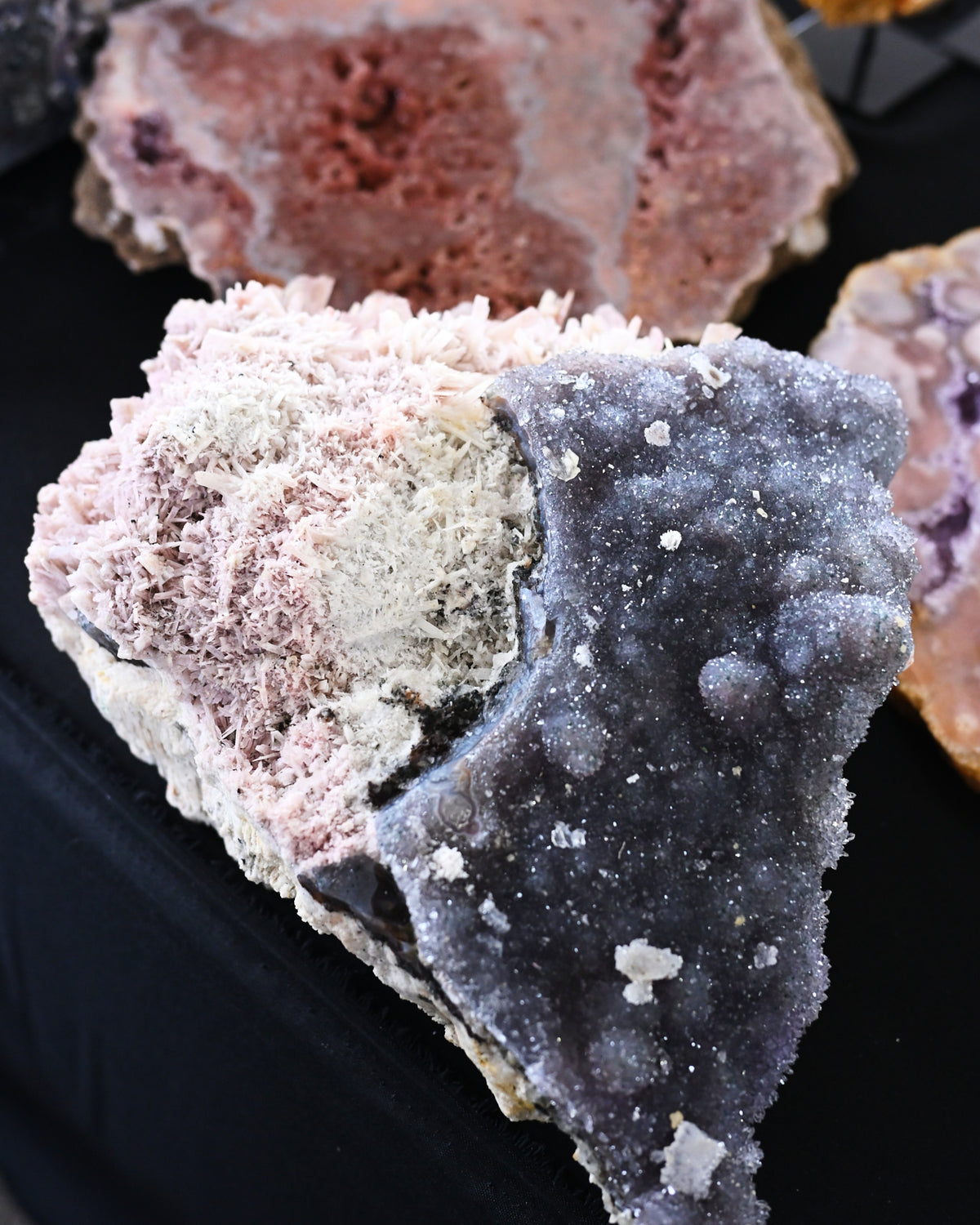 Heulandite crystal — White, peach, pink, orange, green specimen, Monoclinic crystal system