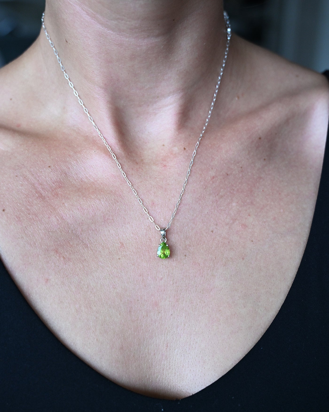 Pear-cut peridot pendant necklace in sterling silver on paperclip chain