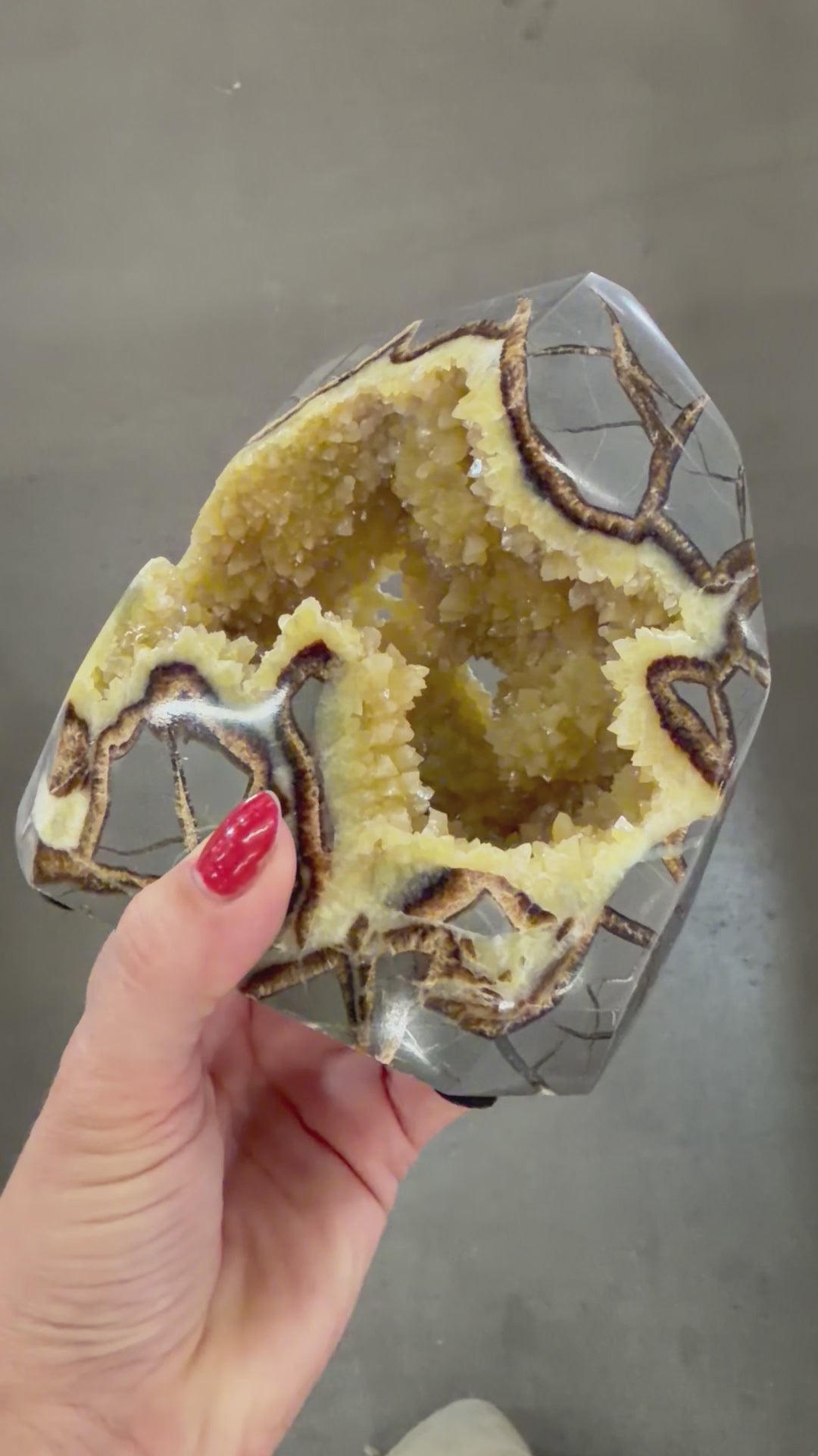 Polished all around septarian form from Utah family owned mine, bottom self standing base geodes all around