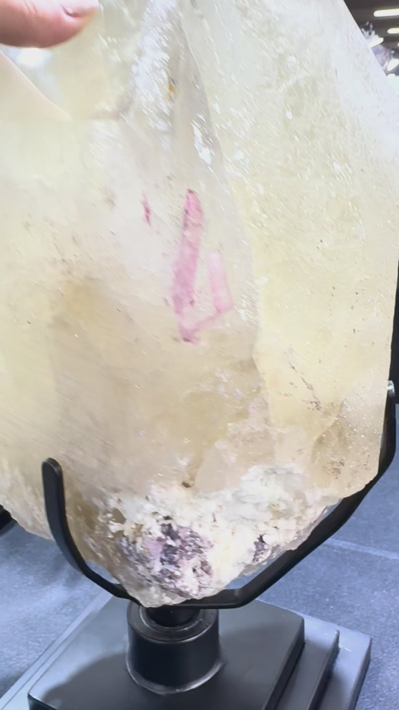 49lbs Natural Citrine with Pink Tourmaline, Lepidolite + Feldspar on Spinning Stand