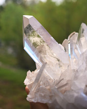 Arkansas Clear Quartz Cluster 2.995 lb - in hand showing clarity