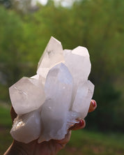 Arkansas Key Crystal Quartz Cluster 3.570 lb - in hand showing formation