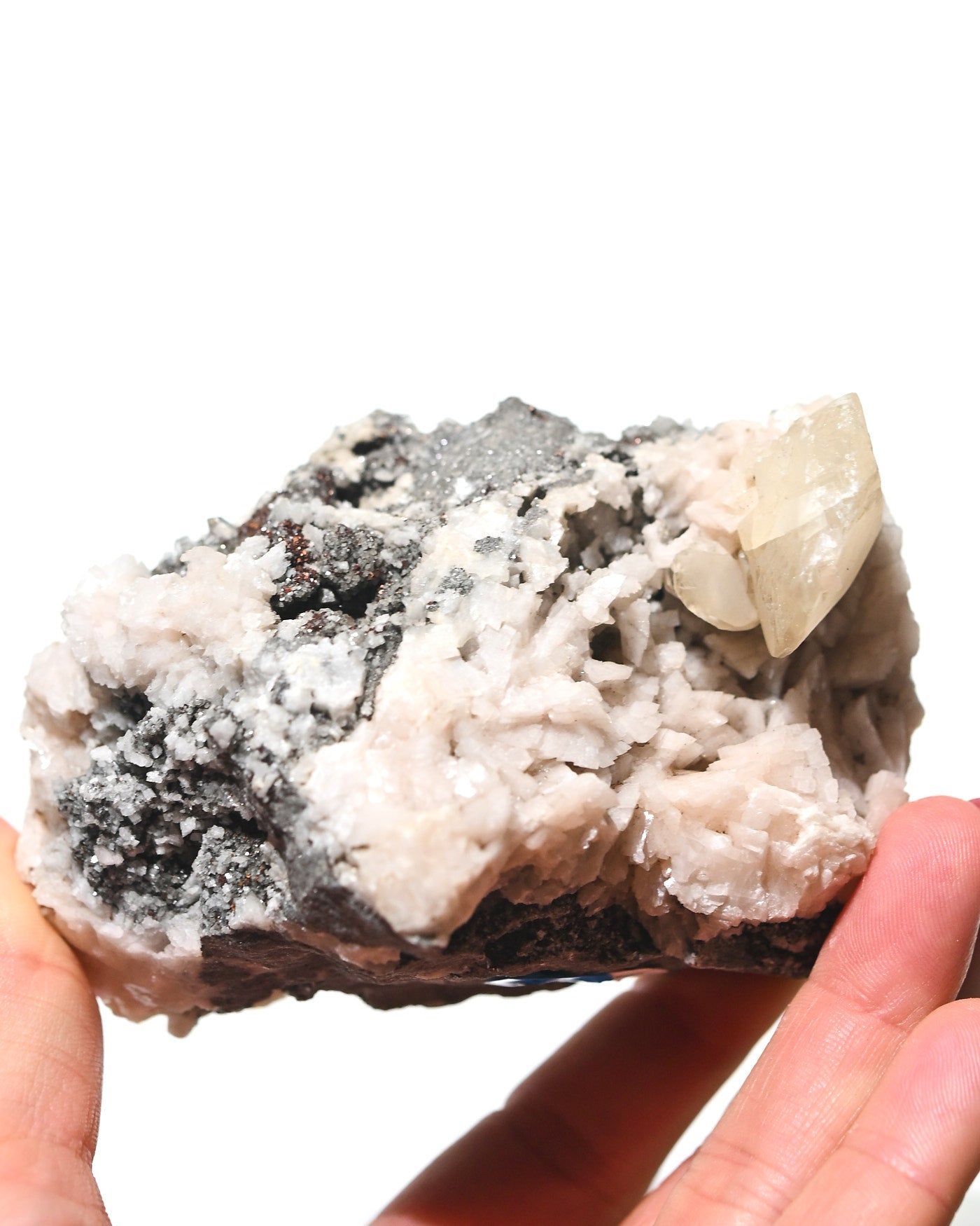 Quartz calcite galena mineral specimen 349g front view