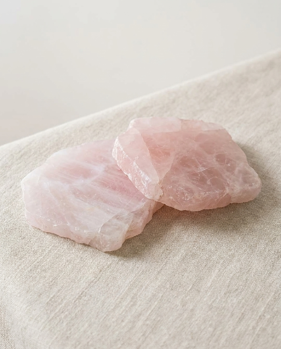Pair of natural rose quartz crystal coasters with polished face and raw edge on linen