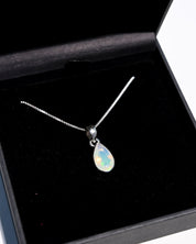 Opal teardrop pendant on adjustable sterling silver box chain
