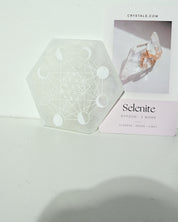 Selenite Moon Cycle Plate standing with Crystals.com card