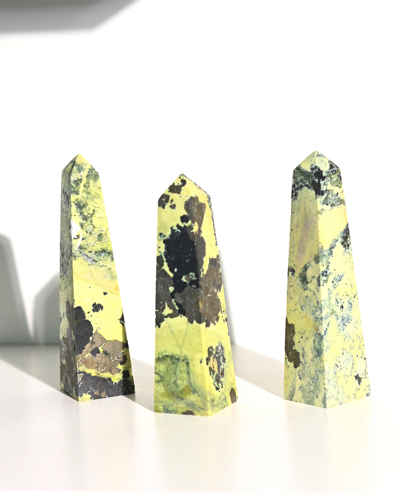 Serpentine w pyrite Obelisk 4 inch