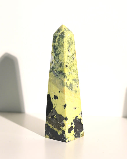 Serpentine w pyrite Obelisk 4 inch — Pyrite crystal specimen