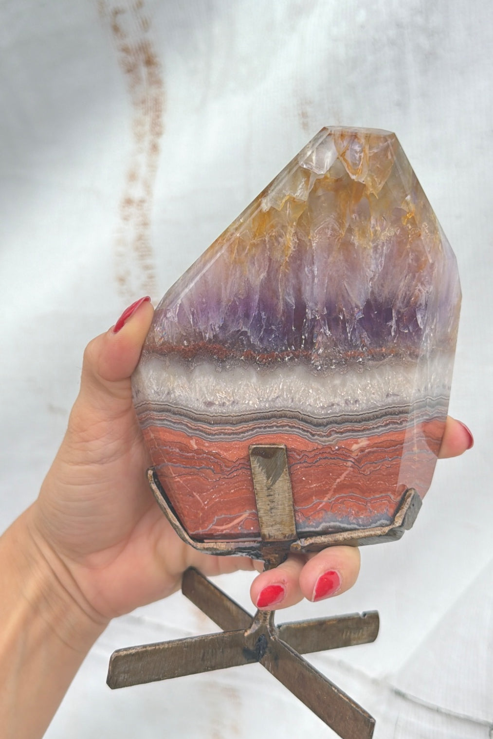 Amethyst and Agate polished form on stand Brazil