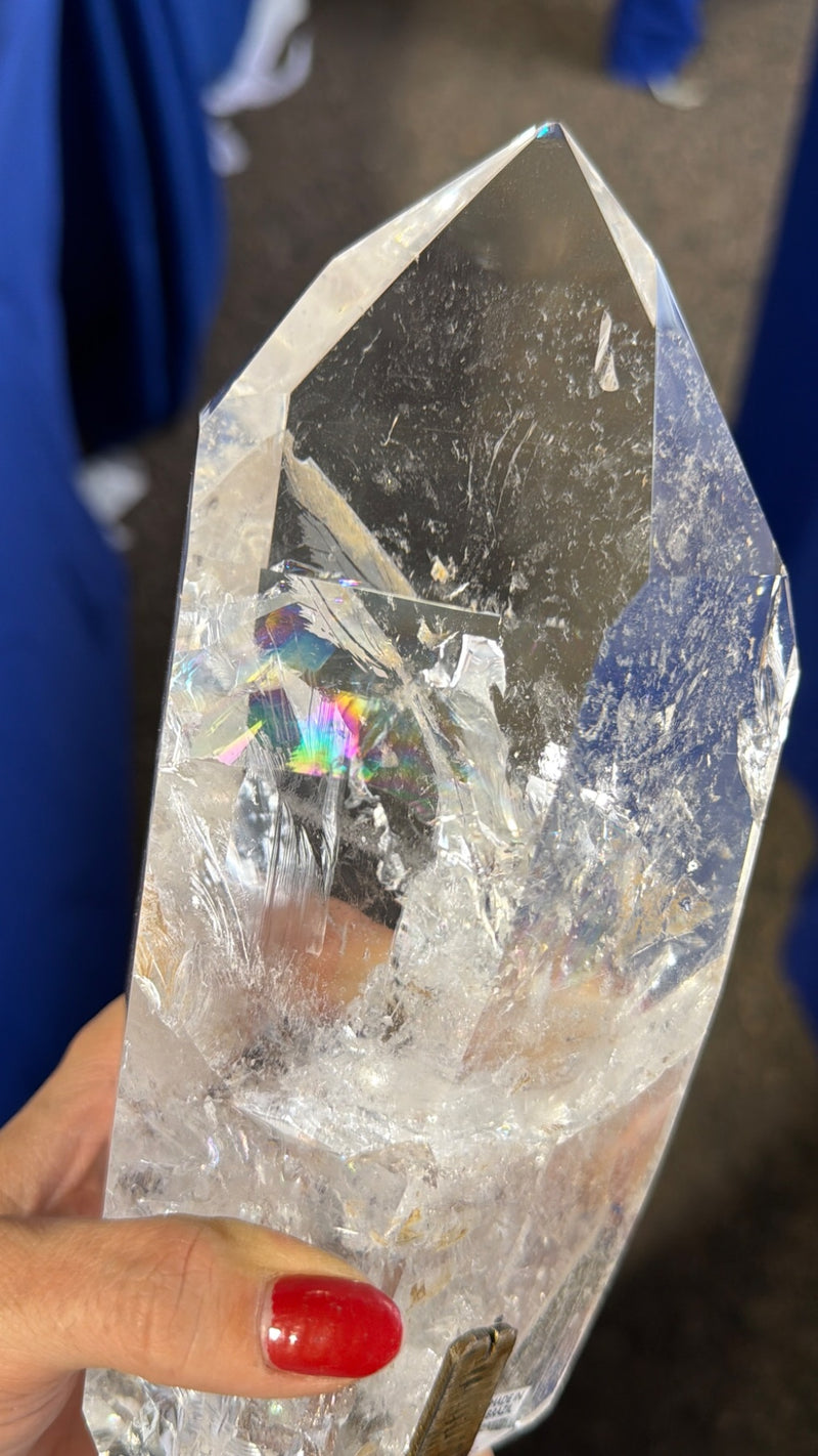 Super clear Quartz w rainbow on stand Brazil