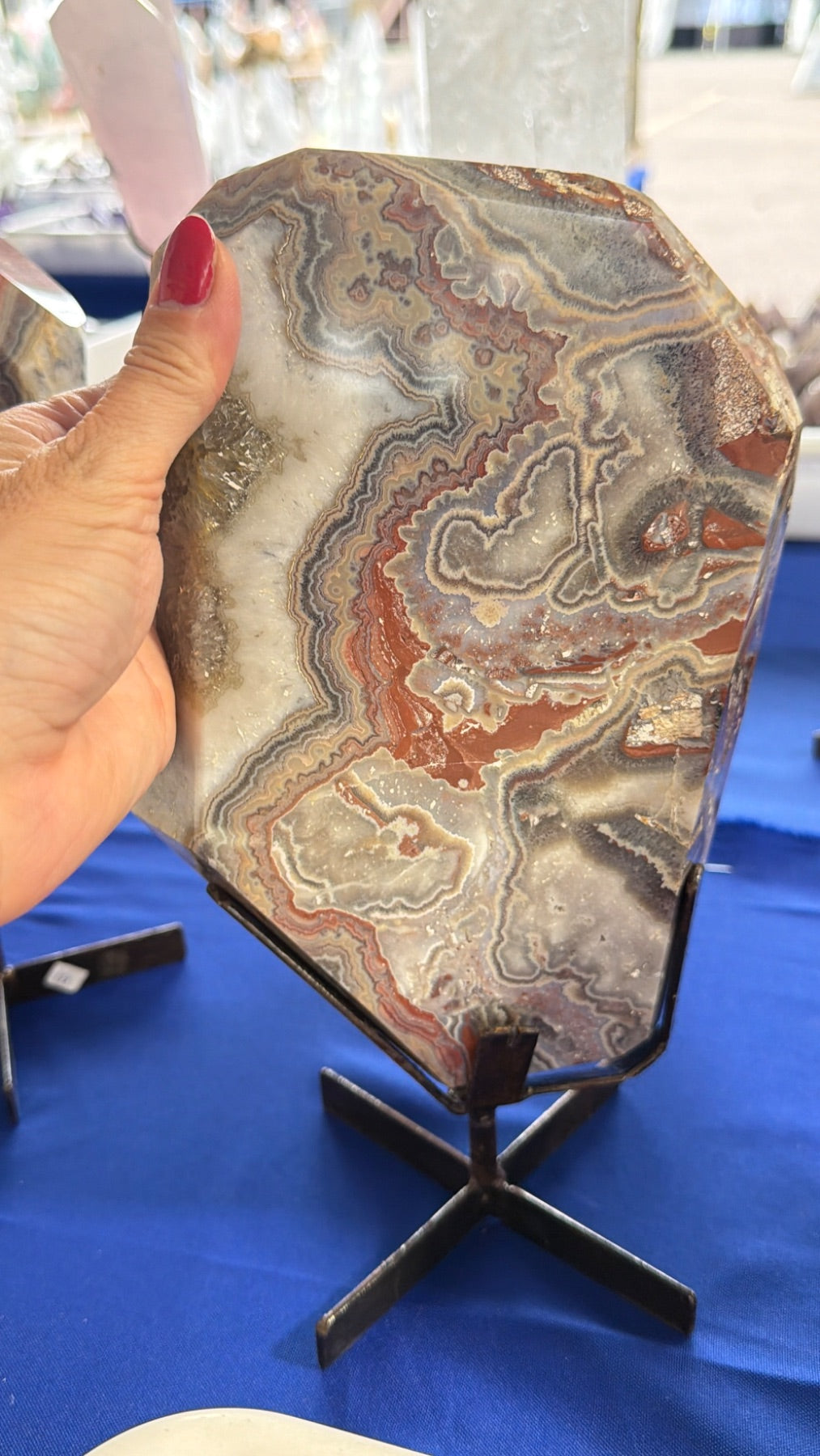 Red banded Agate slab on stand Brazil