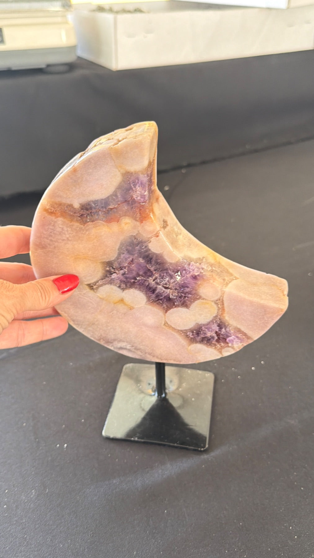 Pink Amethyst moon from Brazil on stand