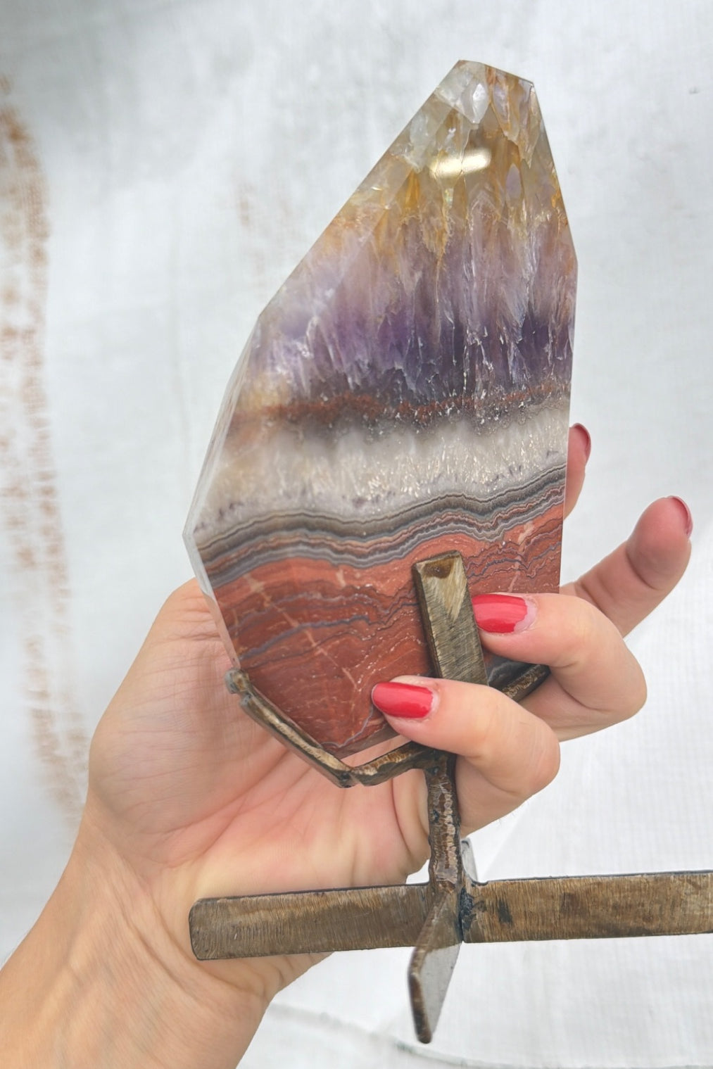 Amethyst and Agate polished form on stand Brazil