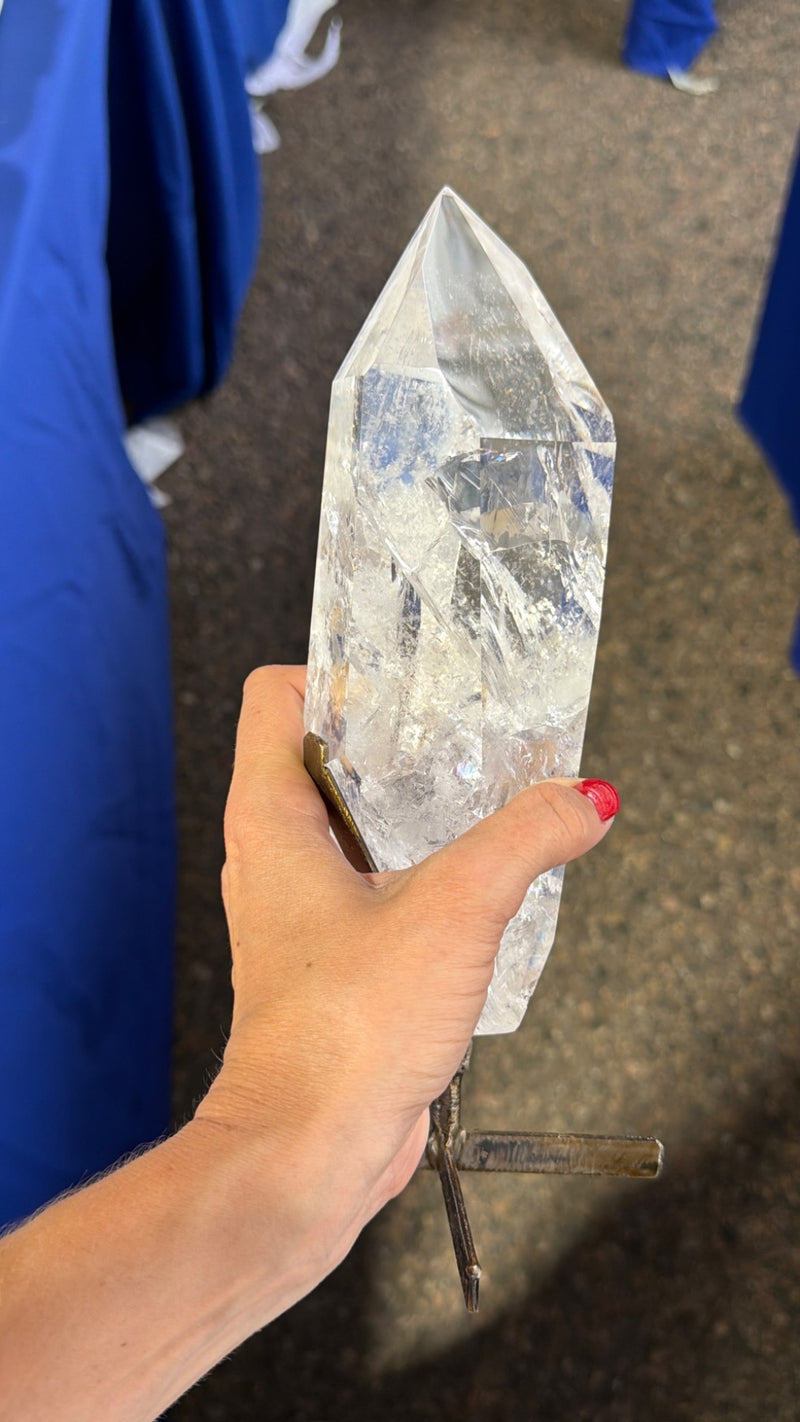 Super clear Quartz w rainbow on stand Brazil