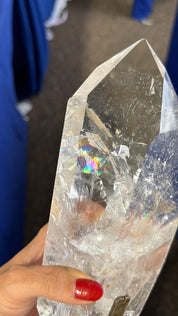 Super clear Quartz w rainbow on stand Brazil