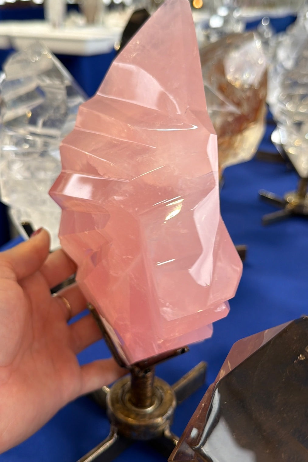 Super quality Rose Quartz abstract flame on stand Brazil
