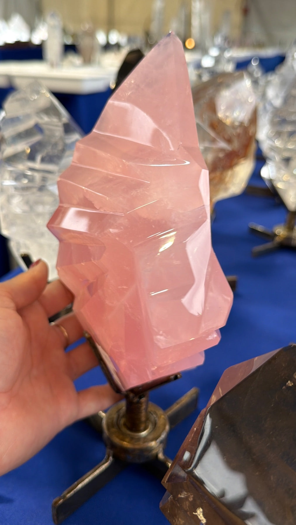 Super quality Rose Quartz abstract flame on stand Brazil
